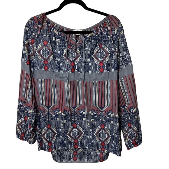 Dylan All Over Embroidered Cotton Silk Blouse Small Aztec Art Tunic Top High Low - Picture 2 of 9